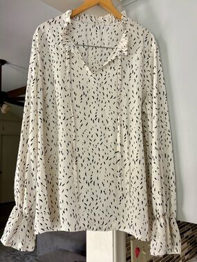 Cream and Black Printed Long-Sleeve Womens Blouse